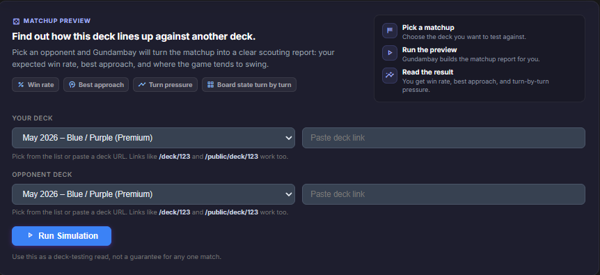 Game Simulator setup panel with deck and opponent selectors